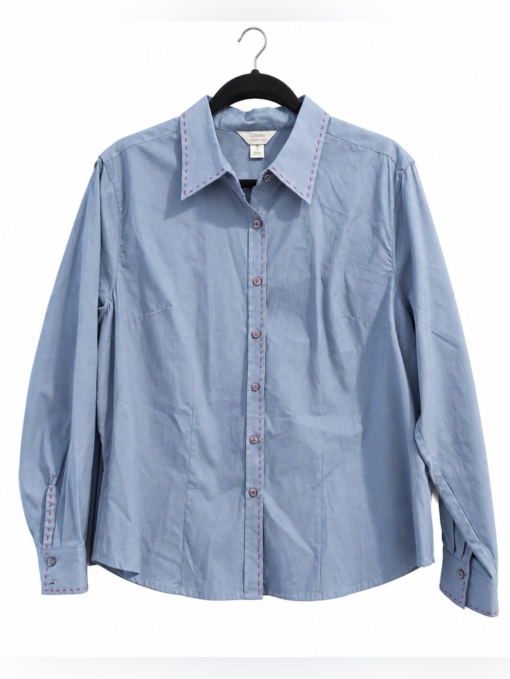 CJ Banks Slate Blue Button Down Blouse Red Pick Stitching Plus Size 1X